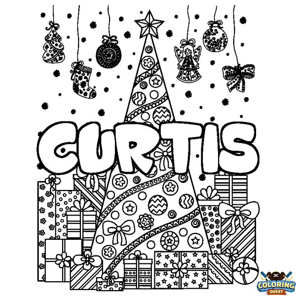 Coloring page first name CURTIS - Christmas tree and presents background