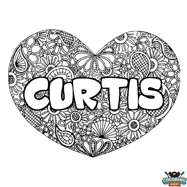 Coloring page first name CURTIS - Heart mandala background