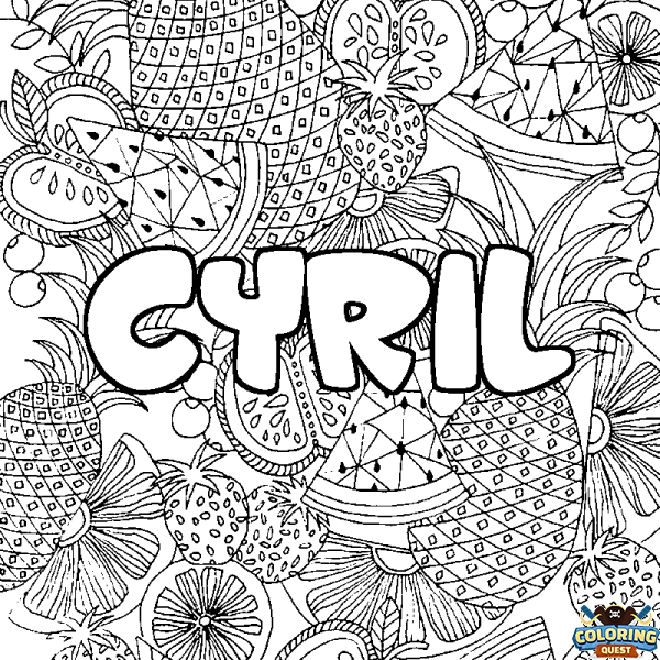 Coloring page first name CYRIL - Fruits mandala background