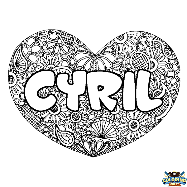 Coloring page first name CYRIL - Heart mandala background