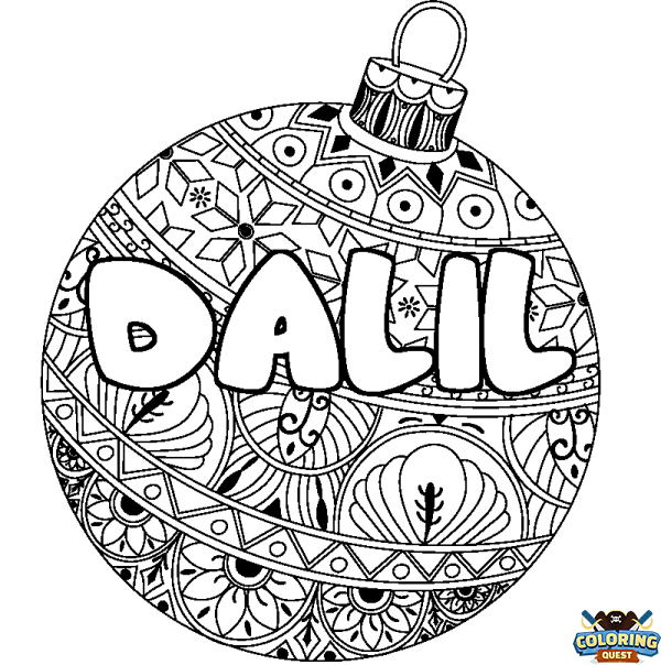 Coloring page first name DALIL - Christmas tree bulb background