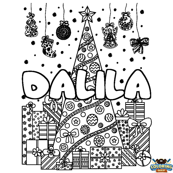Coloring page first name DALILA - Christmas tree and presents background