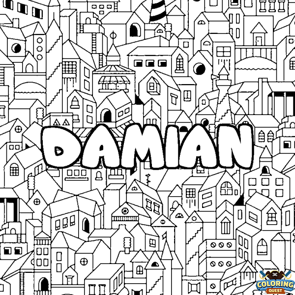 Coloring page first name DAMIAN - City background