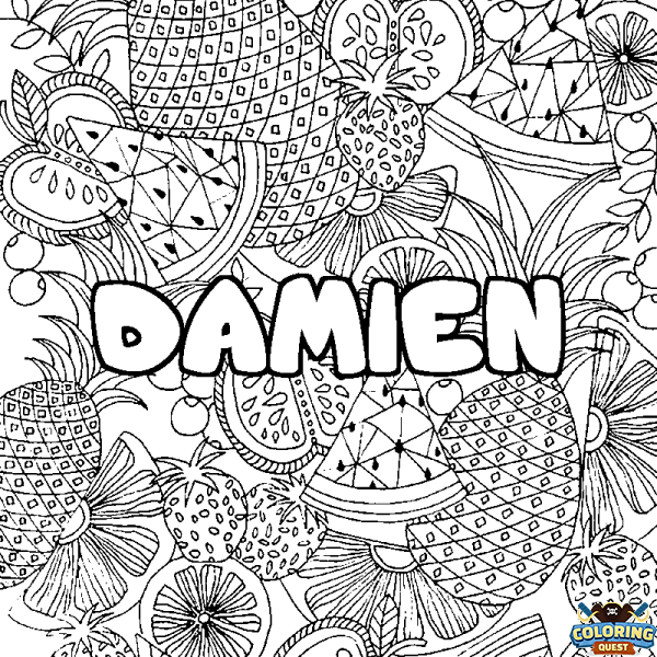 Coloring page first name DAMIEN - Fruits mandala background