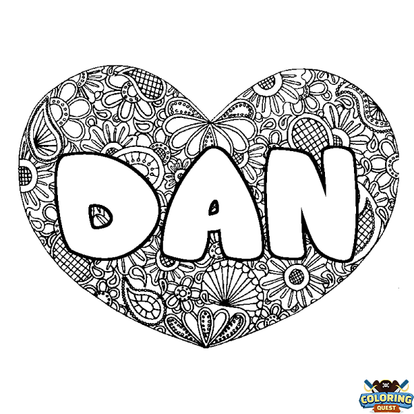 Coloring page first name DAN - Heart mandala background
