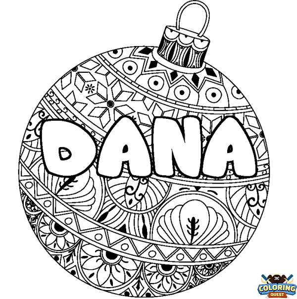 Coloring page first name DANA - Christmas tree bulb background