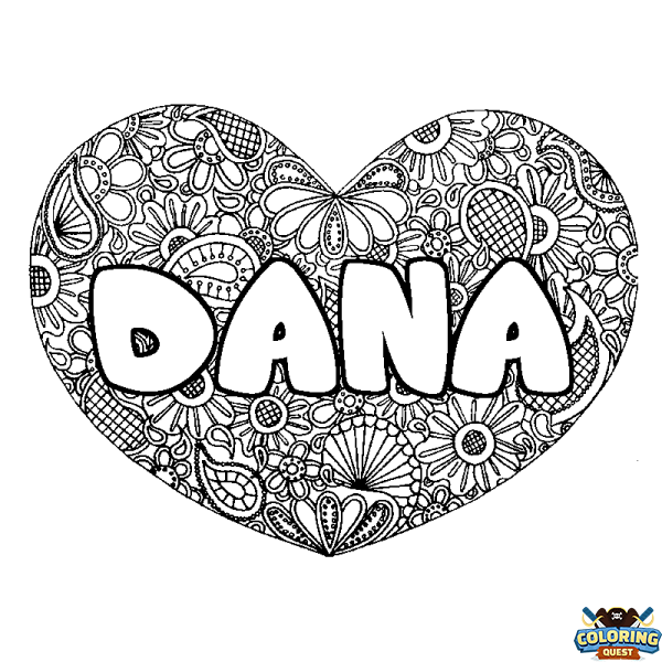 Coloring page first name DANA - Heart mandala background