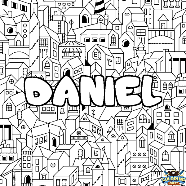 Coloring page first name DANIEL - City background