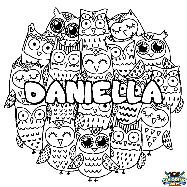 Coloring page first name DANIELLA - Owls background