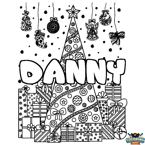 Coloring page first name DANNY - Christmas tree and presents background