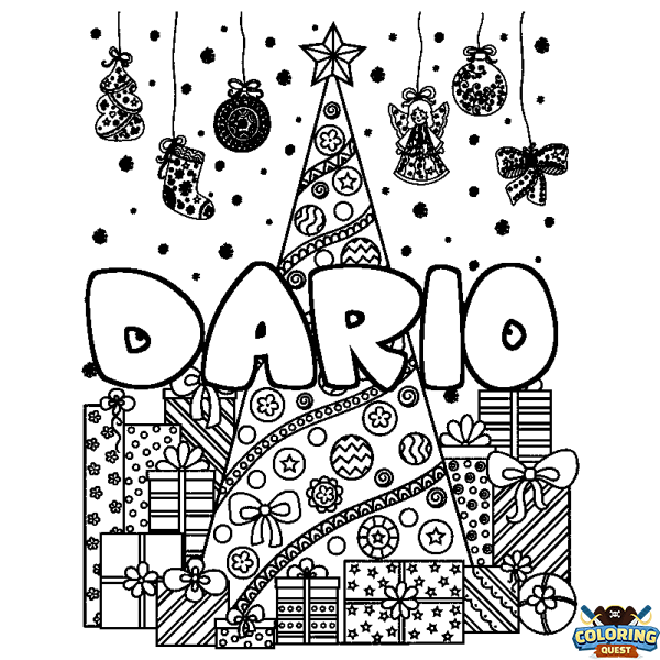 Coloring page first name DARIO - Christmas tree and presents background