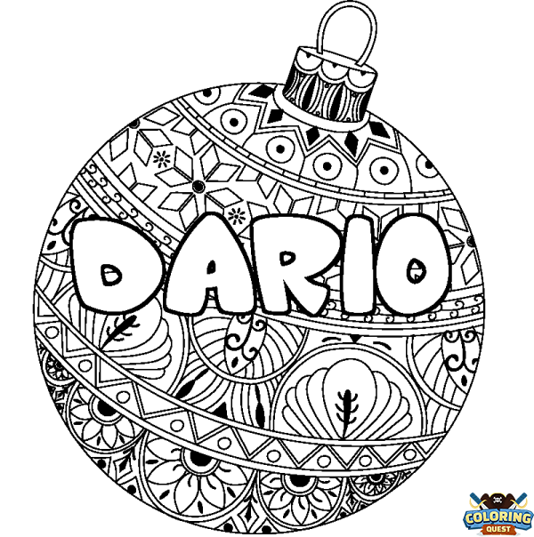 Coloring page first name DARIO - Christmas tree bulb background