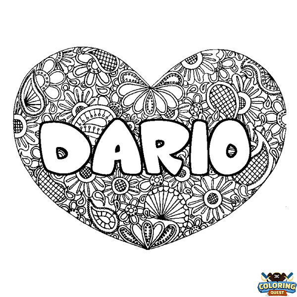 Coloring page first name DARIO - Heart mandala background