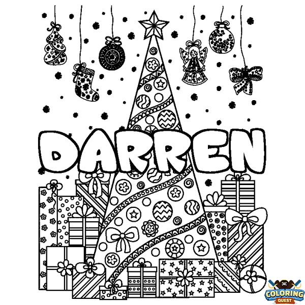 Coloring page first name DARREN - Christmas tree and presents background