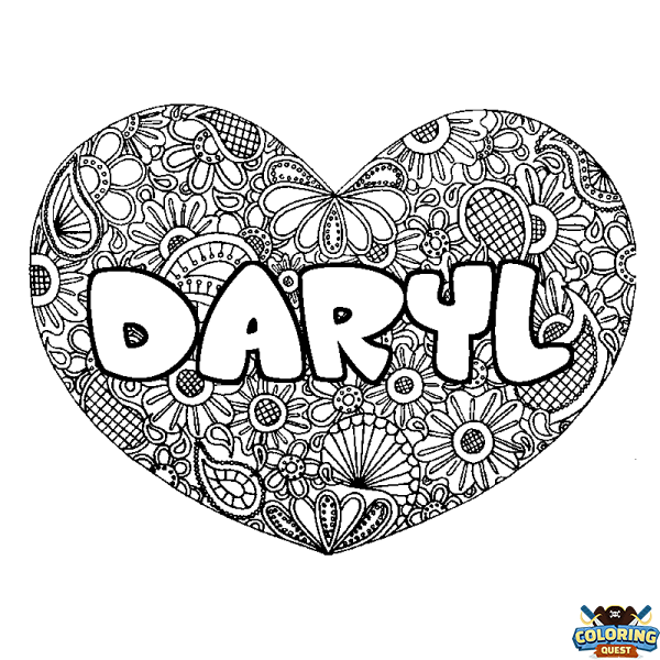 Coloring page first name DARYL - Heart mandala background