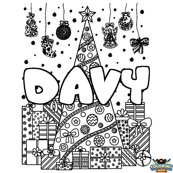 Coloring page first name DAVY - Christmas tree and presents background