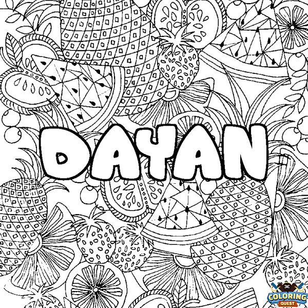 Coloring page first name DAYAN - Fruits mandala background