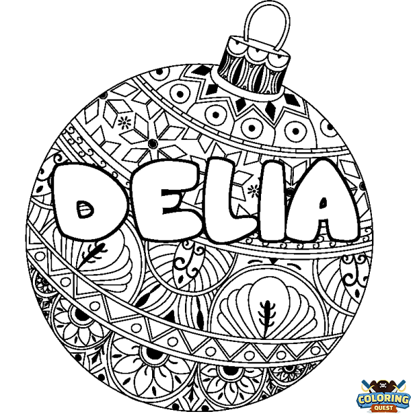 Coloring page first name DELIA - Christmas tree bulb background