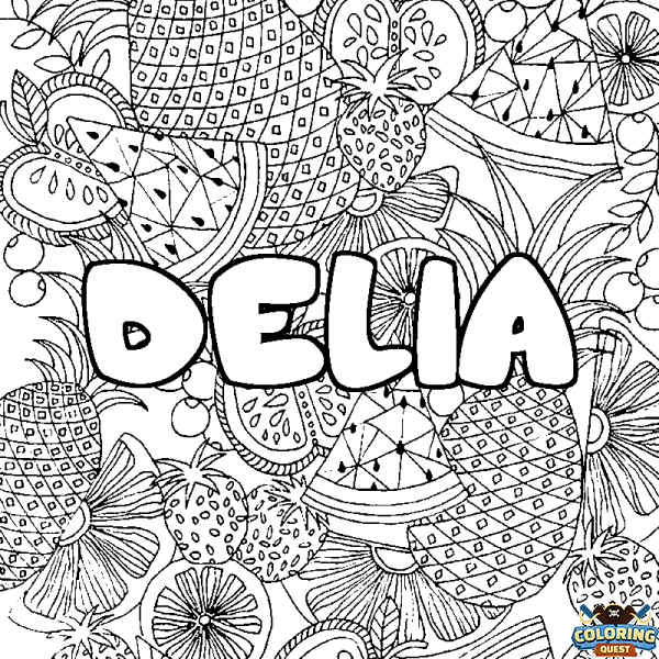 Coloring page first name DELIA - Fruits mandala background