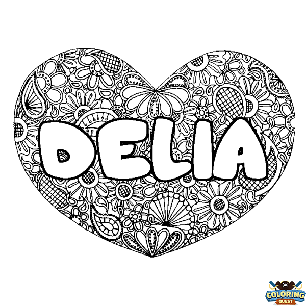 Coloring page first name DELIA - Heart mandala background