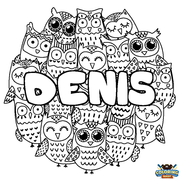 Coloring page first name DENIS - Owls background