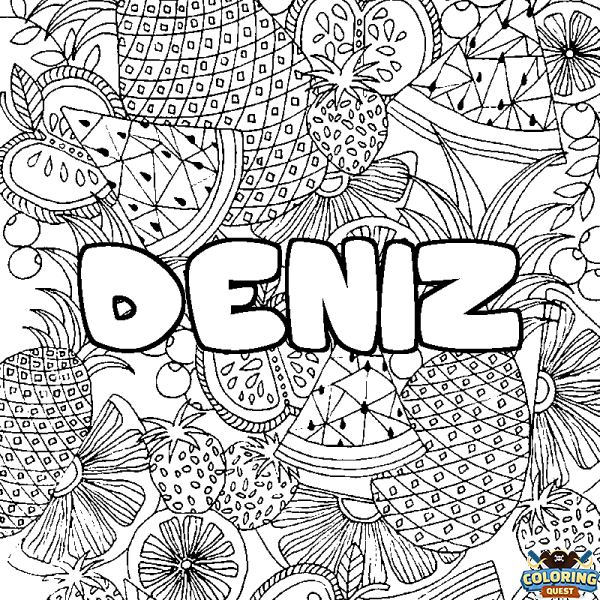 Coloring page first name DENIZ - Fruits mandala background