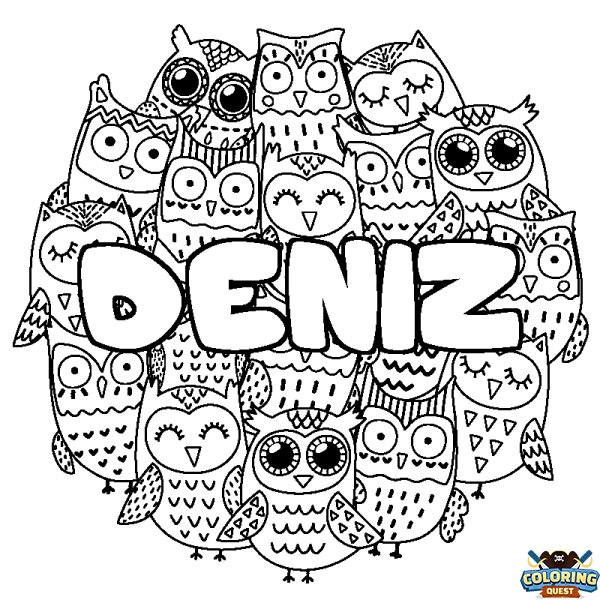 Coloring page first name DENIZ - Owls background