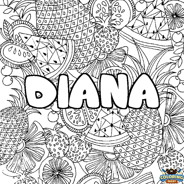 Coloring page first name DIANA - Fruits mandala background