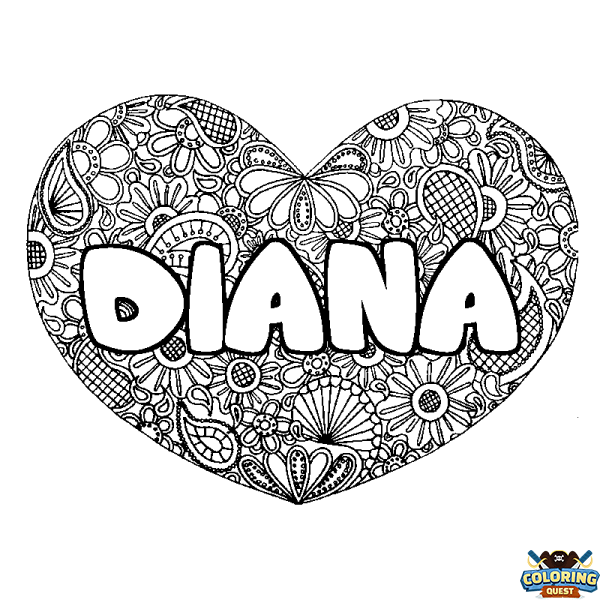 Coloring page first name DIANA - Heart mandala background