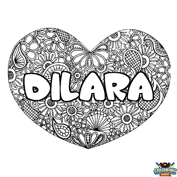 Coloring page first name DILARA - Heart mandala background