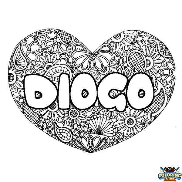 Coloring page first name DIOGO - Heart mandala background