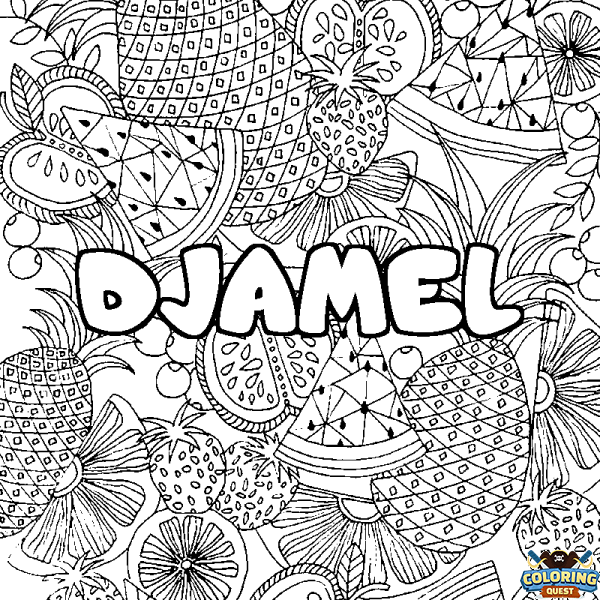 Coloring page first name DJAMEL - Fruits mandala background