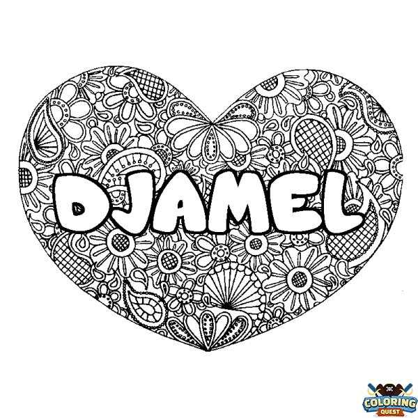 Coloring page first name DJAMEL - Heart mandala background