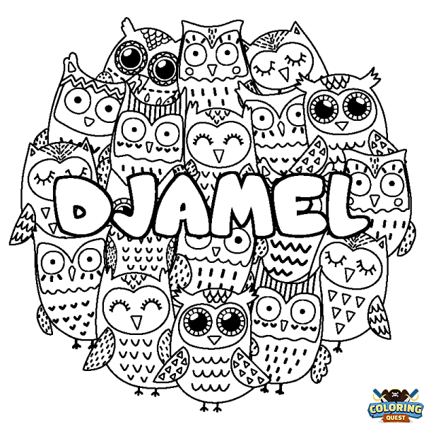 Coloring page first name DJAMEL - Owls background