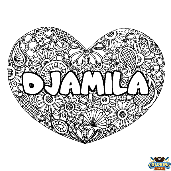 Coloring page first name DJAMILA - Heart mandala background