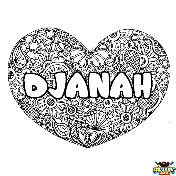 Coloring page first name DJANAH - Heart mandala background