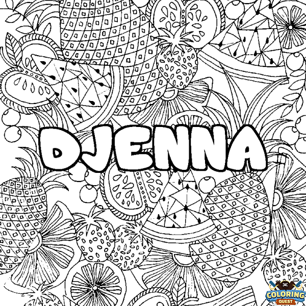 Coloring page first name DJENNA - Fruits mandala background