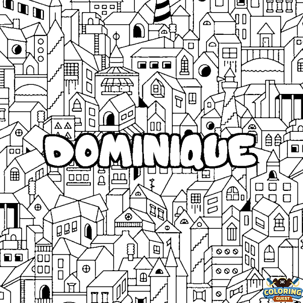 Coloring page first name DOMINIQUE - City background