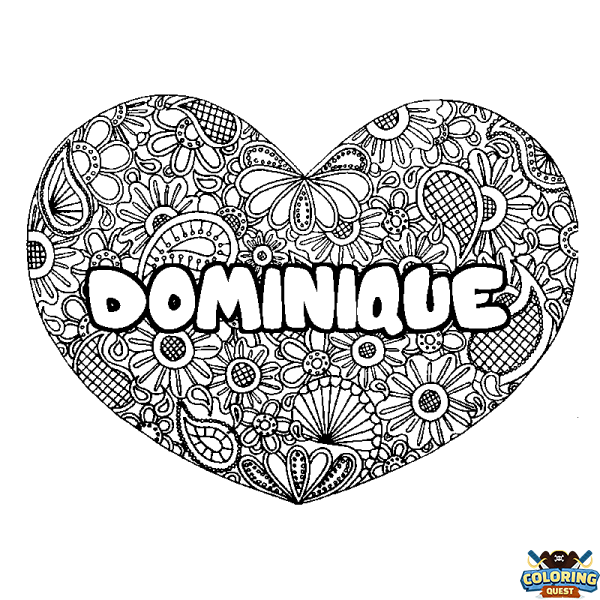 Coloring page first name DOMINIQUE - Heart mandala background