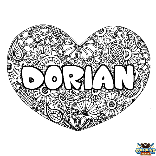 Coloring page first name DORIAN - Heart mandala background