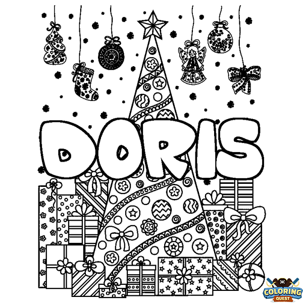 Coloring page first name DORIS - Christmas tree and presents background