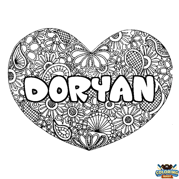 Coloring page first name DORYAN - Heart mandala background