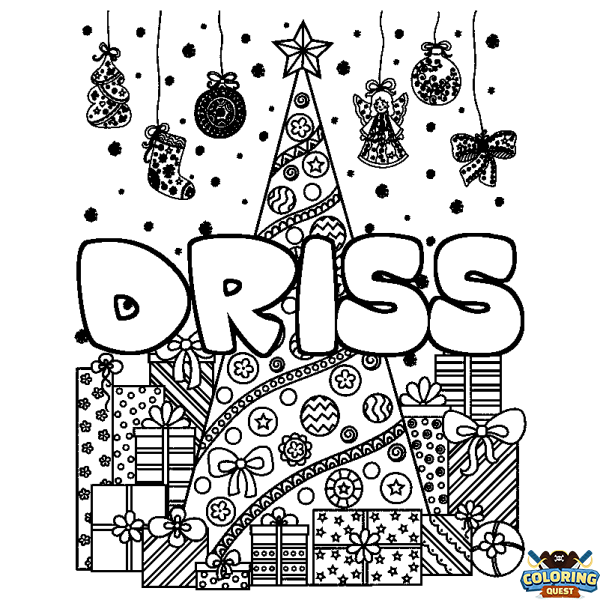 Coloring page first name DRISS - Christmas tree and presents background
