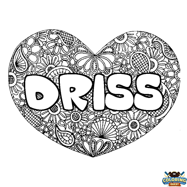 Coloring page first name DRISS - Heart mandala background