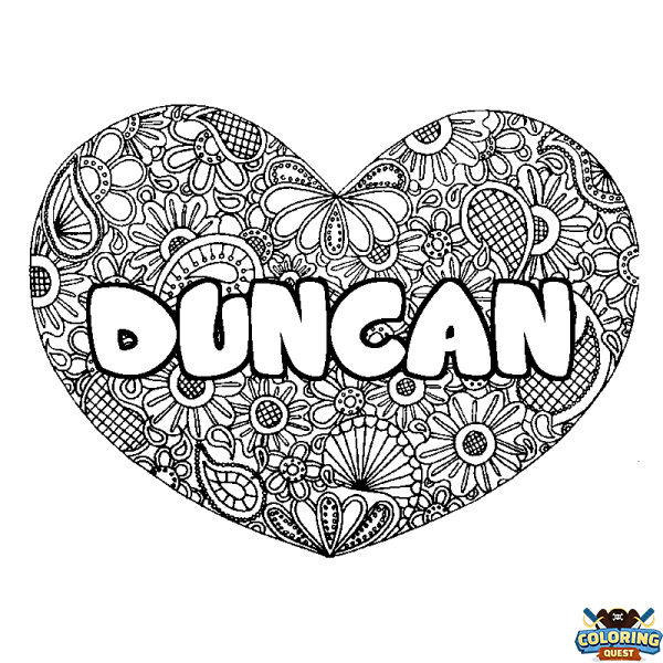 Coloring page first name DUNCAN - Heart mandala background