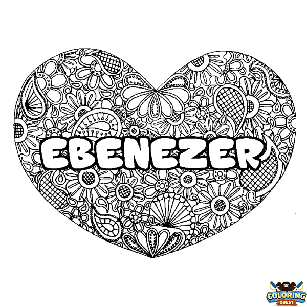 Coloring page first name EBENEZER - Heart mandala background
