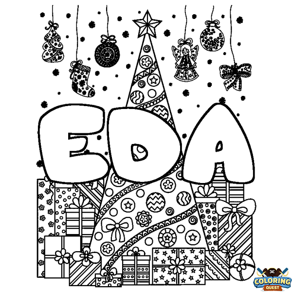 Coloring page first name EDA - Christmas tree and presents background