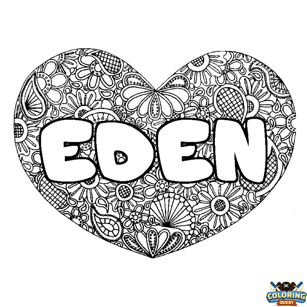 Coloring page first name EDEN - Heart mandala background