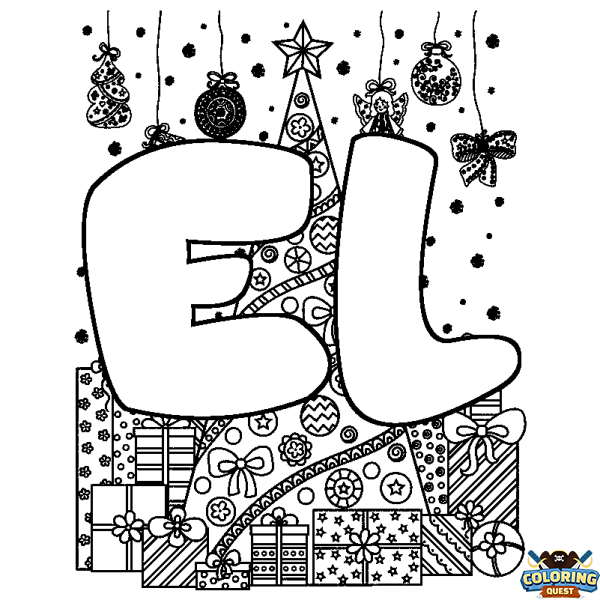 Coloring page first name EL - Christmas tree and presents background