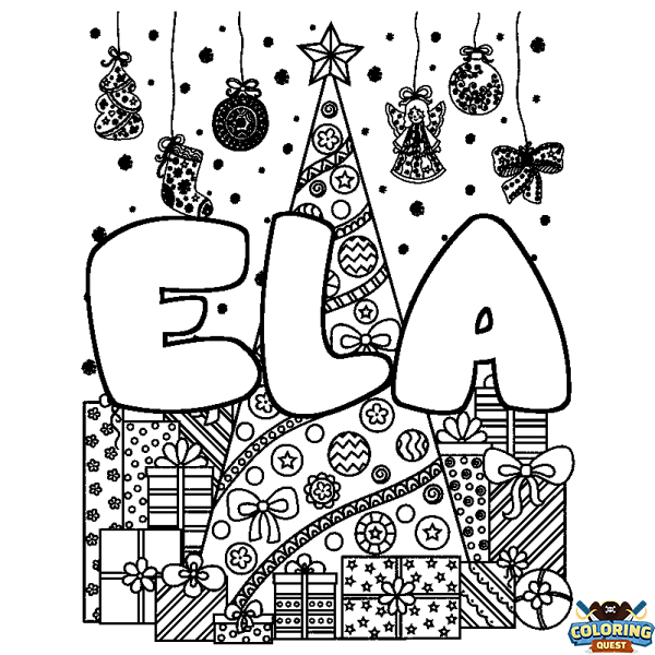 Coloring page first name ELA - Christmas tree and presents background